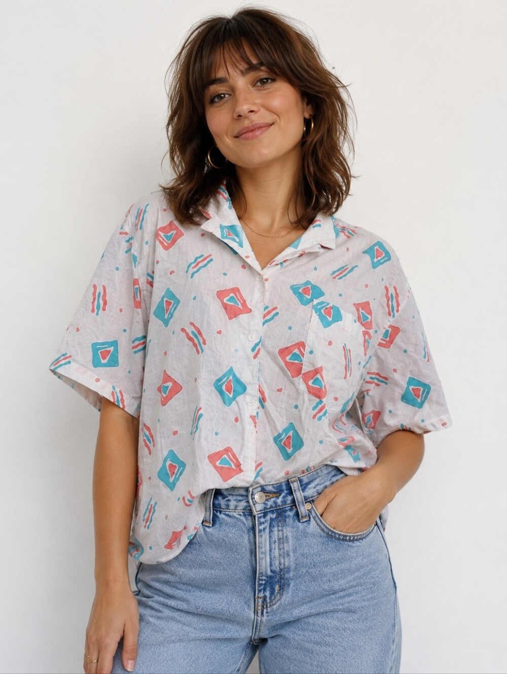 Vintage Lord Isaacs 80s Memphis Geometric Pattern Button Down Shirt Large Party